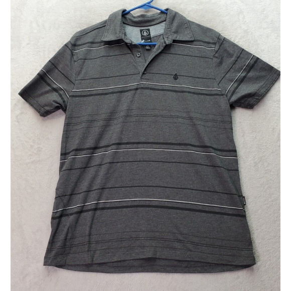Volcom Polo Shirt Boys Medium Gray Striped‎ Cotton Short Casual Sleeve Collared - Picture 1 of 8